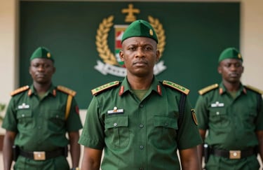 A sharp, professional image of Nigerian security personnel in ceremonial uniform, standing in front of a government crest. Lighting is dramatic and respectful, featuring the brand's deep greens (#0A2A1A).