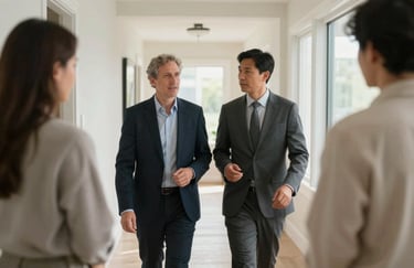 A professional property manager and a homeowner walking through a bright hallway in a North American / US home, engaged in a supportive conversation. Trust and efficiency.