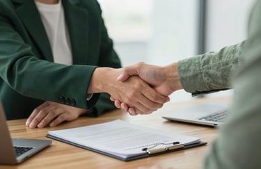 Close-up of two people in a professional North American / US office setting shaking hands over a wooden desk with a management contract. Focus on the handshake. Lighting is bright. Dark Forest Green and Sage accents.