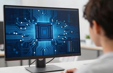 An over-the-shoulder view of a student looking at a high-resolution monitor displaying a vibrant blue circuit board design.