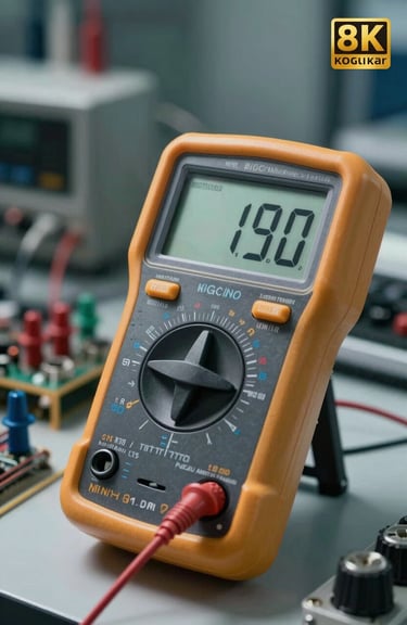 Detailed view of a digital multimeter measuring a circuit, showing precise technical readings in a modern engineering lab.