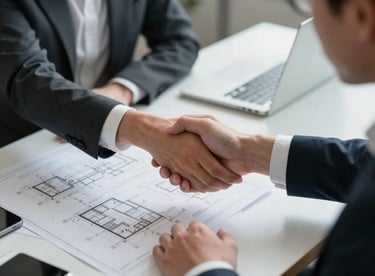 A professional handshake between a consultant and a client across a desk filled with technical blueprints and a laptop.