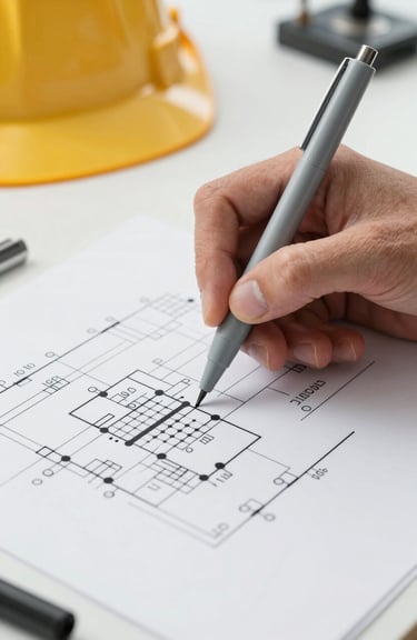 A close-up of a professional engineer's hand using a soft mist grey pen to mark a complex electrical schematic on a clean white desk.