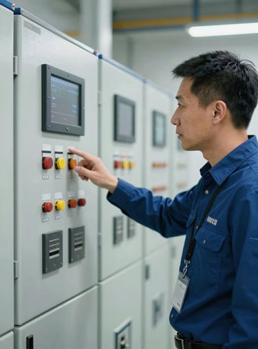 A consultant in a professional deep blue shirt pointing at a large-scale industrial control panel during a site inspection.