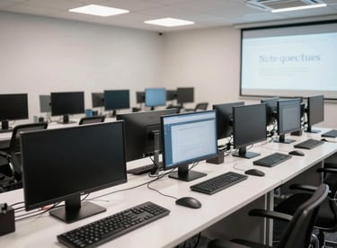 A bright and modern training classroom with rows of sleek computers, conveying an approachable learning environment.