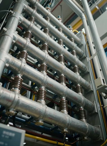 A low-angle shot of an intricate network of electrical conduits and wiring in a high-tech facility, emphasizing engineering complexity and reliability.