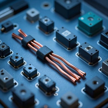 Macro photography of high-quality electrical components and copper wiring arranged neatly on a technical surface, lit with cool deep blue tones.