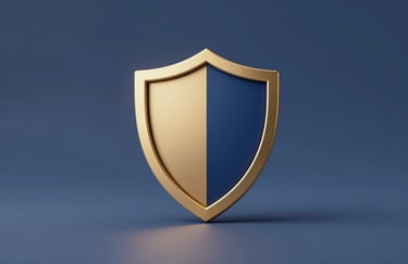 A minimal and high-end symbolic icon of a gold and #0A244A shield, representing compliance and protection, shot in a professional studio setting.