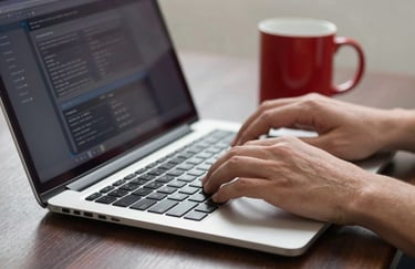 A macro photograph of a professional's hands typing on a laptop with a high-tech interface. The lighting is focused and clean, with a Crimson Red mug nearby on a Dark Mahogany desk in a North American / US office.
