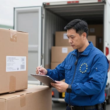 Close-up of hands pointing to suspicious cargo details on a digital tablet in a customs office.