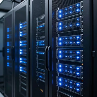 A close-up shot of a high-tech server room with glowing blue LED lights, representing the advanced IT and technology division of an Indonesian corporation.