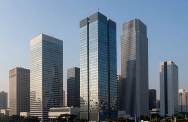 Modern architecture of a business district in a South American / Brazilian & European / Portuguese city, reflecting clear blue skies, Pale Mist and Steel Blue palette.