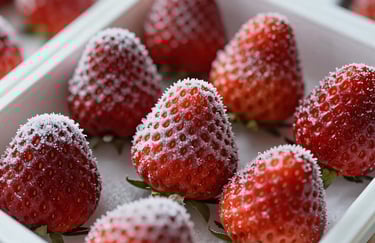 Macro photography of high-quality IQF frozen strawberries, showing frost crystals and vibrant red color, professional food export packaging context.