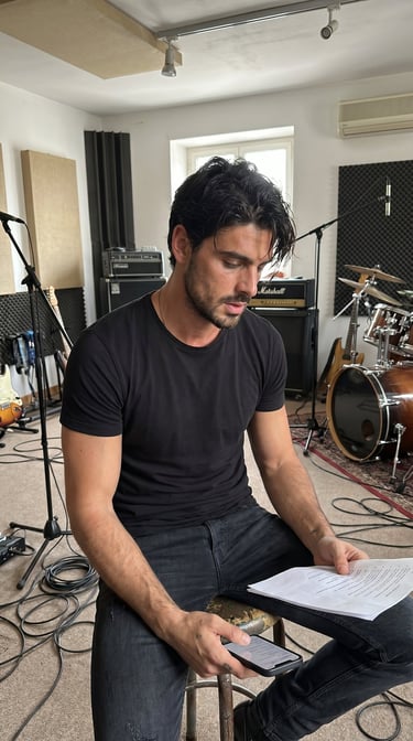 Musician in a black t-shirt reviews song lyrics in a professional recording studio with a drum kit and amplifiers.