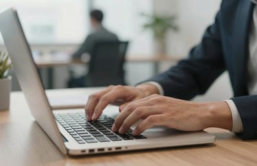 A close-up of a person's hands typing on a high-end laptop in a modern, brightly lit office space in North America, with a focus on professional productivity.