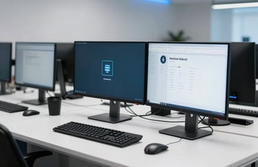 A professional North American / US tech workspace with high-end monitors and minimalist decor. High-key lighting, clean white surfaces, and subtle electric blue accents in the background.