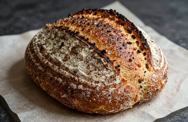 Macro photography of fresh, artisanal sourdough bread resting on a crisp parchment surface.