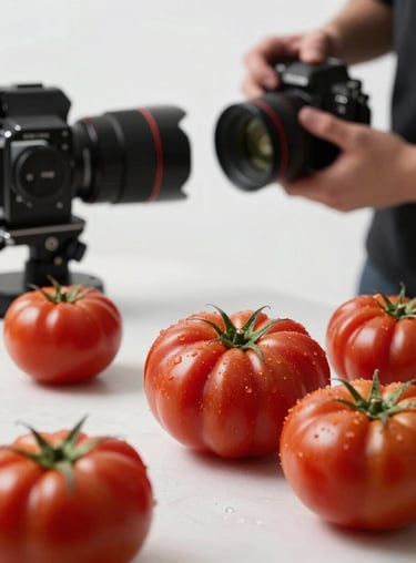 A professional food photographer setting up a shot of fresh heirloom tomatoes in a bright studio.