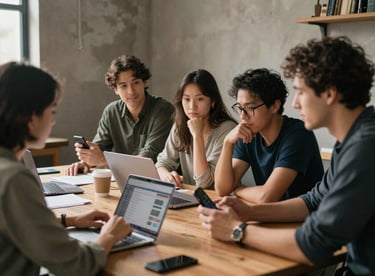 An authentic, behind-the-scenes moment of a creative team brainstorming social media content in a rustic office.