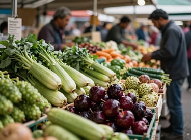 A bustling modern farmer's market stall with vibrant greens and deep ripe crimson produce.