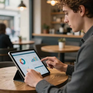 A digital marketing strategist in a European cafe setting, working on a tablet displaying social media analytics.