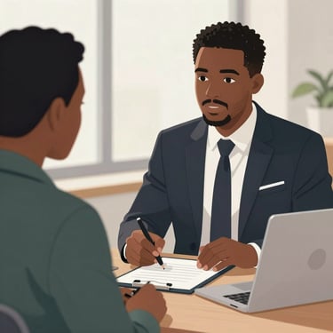 A professional consultant answering a phone call in a modern office setting.