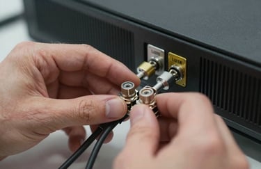 A close-up of skilled hands in focus, carefully configuring a security hub device with precise attention to detail.