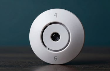 A studio shot of a white professional alarm motion detector with a modern design, reflecting deep teal and charcoal tones in the background.