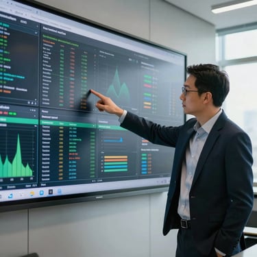 A professional specialist pointing to a large data display screen in a modern North American boardroom with natural lighting.