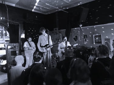 black and white image of the band library siesta all in white on stage playing in front of a crowd 