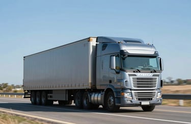 A long-haul semi-truck driving on an open highway under a clear blue sky. The truck is clean and modern, reflecting the brand's reliability, with a metallic finish echoing #7A92A0.