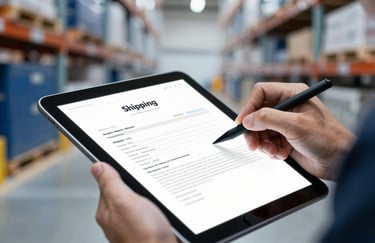 Close up of a professional hand signing a digital shipping document on a tablet, with blurred logistics warehouse in background using #E0E5E8 tones.