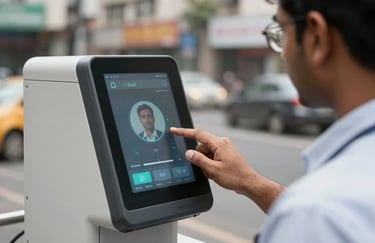 A digital biometric scanner interface being used by a professional in a South Asian / Indian city environment, high-tech and secure feel.