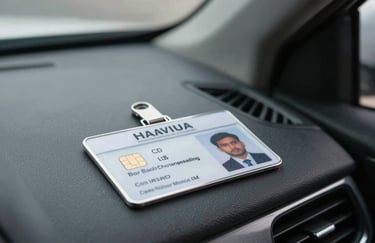 A professional identification card with a security chip placed on a sleek dashboard in a South Asian / Indian vehicle, sharp focus, professional lighting.