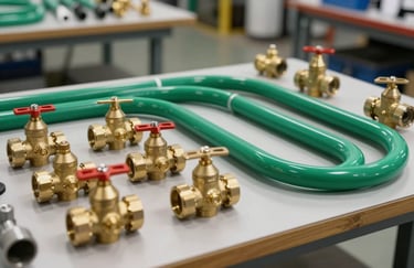 A professional arrangement of high-quality irrigation components, including brass valves and durable green piping, laid out neatly on a clean workshop table in a North American facility.