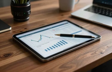 A digital tablet showing commercial charts and a stylish pen on a sleek wooden desk in a professional Brazilian workspace. The lighting is soft, emphasizing a high-tech and organized business approach.