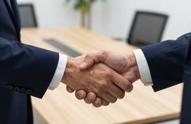 A close-up shot of a professional handshake between two business people in formal attire, European Portuguese setting, in a bright boardroom with gold accents.