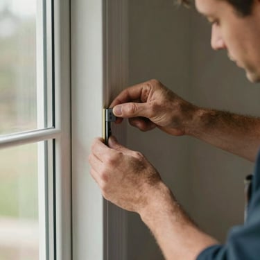 A craftsman's hands carefully installing a window frame in a new North American home. The lighting is focused on the precision of the work. Reliable and expert craftsmanship vibe.