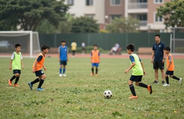 Youth soccer training session in a neighborhood park, community atmosphere, kids practicing with a coach, natural daylight.