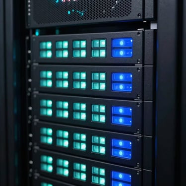 Close-up of a high-tech data center with glowing status lights in shades of light teal and deep blue, representing digital security and infrastructure.