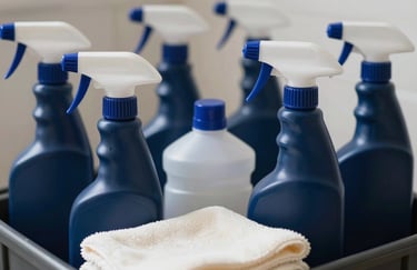 A close-up of professional cleaning supplies arranged neatly in a carrier, including navy blue spray bottles and soft off-white microfiber cloths.