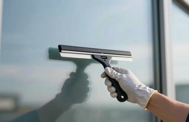 A close-up photograph of a worker's hand in a clean white glove using a squeegee on a large window, reflecting a clear sky and pale blue tones.