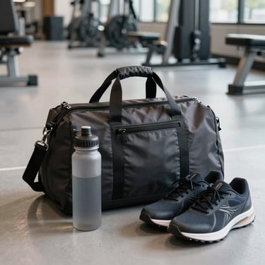 A crisp, professional photo of a modern gym bag with a water bottle and sneakers on a clean floor, shot in a North American fitness center. The style is empowering and ready for action.