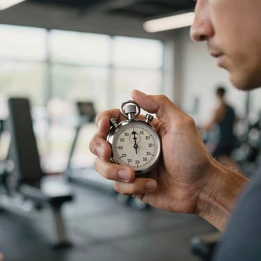 A close-up of a personal coach’s hand holding a stopwatch during a workout session, symbolizing precision and professional guidance in a bright North American gym environment.