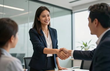 A Brazilian professional shakes hands with a client in a bright, modern meeting room with glass walls, capturing a moment of trust and successful partnership.