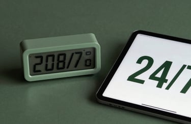 A modern digital clock showing a late hour beside a glowing professional tablet, representing 24/7 availability in a North American / US business setting. Tones of deep sage green.