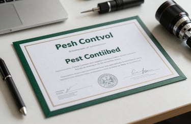 A close-up of a professional pest control certification certificate and specialized inspection tools resting on a clean, light-colored desk in a North American / US office. The palette is dark forest green and icy paper.
