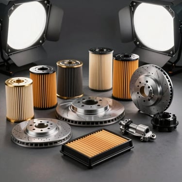 A collection of high-quality car filters and brake components arranged neatly on a dark gray surface, bright professional studio lighting.