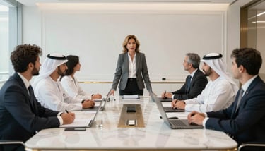 A diverse group of Chinese, Arab, and Western investors reviewing architectural blueprints in a luxury Global / Western & GCC Business office.