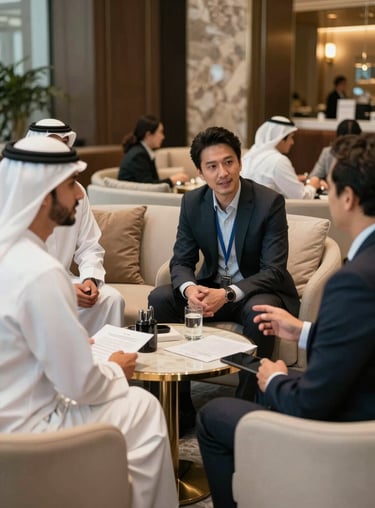 A professional networking event in a luxury lounge, featuring Chinese, Western, and Arab business partners in a Global / Western & GCC Business setting.
